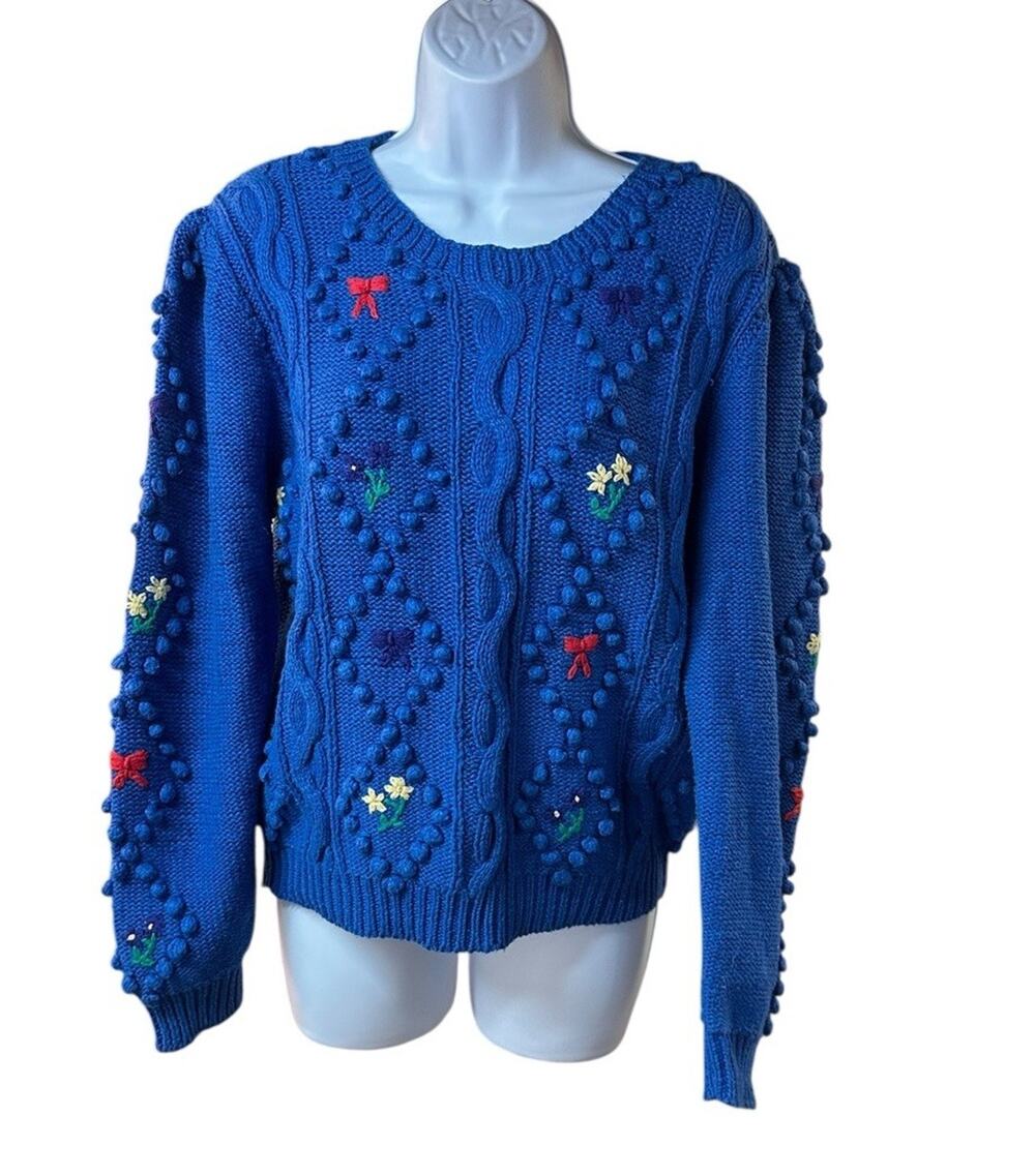 Vintage The Eagle’s Eye Blue Popcorn Cable Knit Sweater M Cottagecore 90s